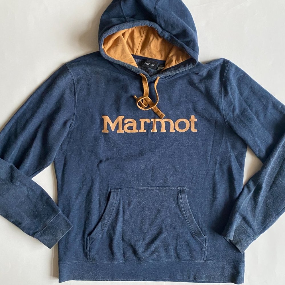 Marmot Logo Hoody Fleece Pullover Hoodie Sweatshirt Varsity Blue Heather L - Picture 2 of 4